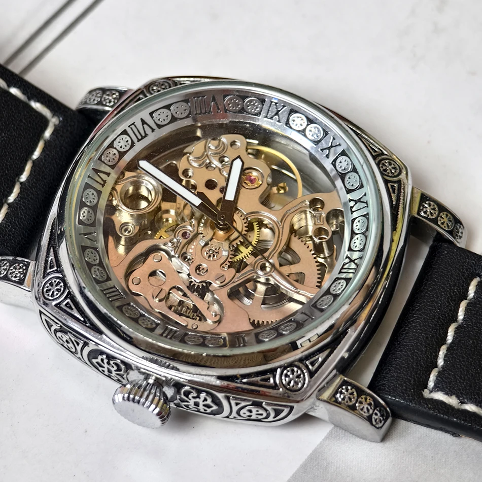Retro Square Men's Automatic Mechanical Watch Retro Carved Skeleton Dial Luminous Waterproof Genuine Leather Strap Wristwatch