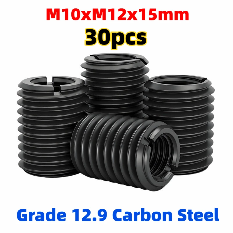 30pcs M10xM12x15mm Carbon Steel Inner Outer Thread Adapter Screw Bushing Slotted WireThread Insert Sleeve Conversion Nut