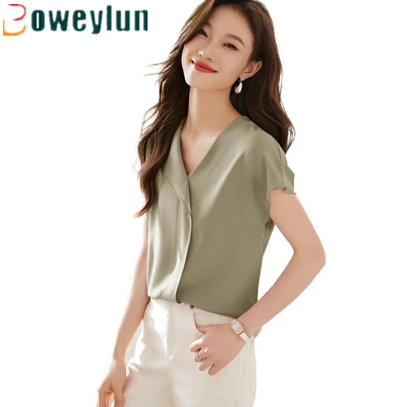 

Boweylun Solid Color Lapel Short Sleeve Shirt Summer Women Loose Slim V-Neck T-Shirt Tops