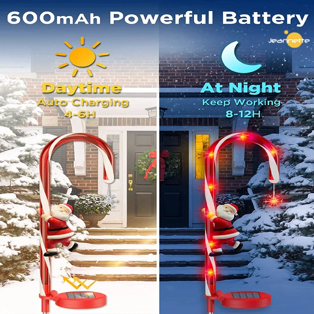 2PCS Candy Cane LED Solar Lights Christmas Lights Navidad Decor Outdoors Waterproof Cane Lights with Star Pathway Solar Lamp