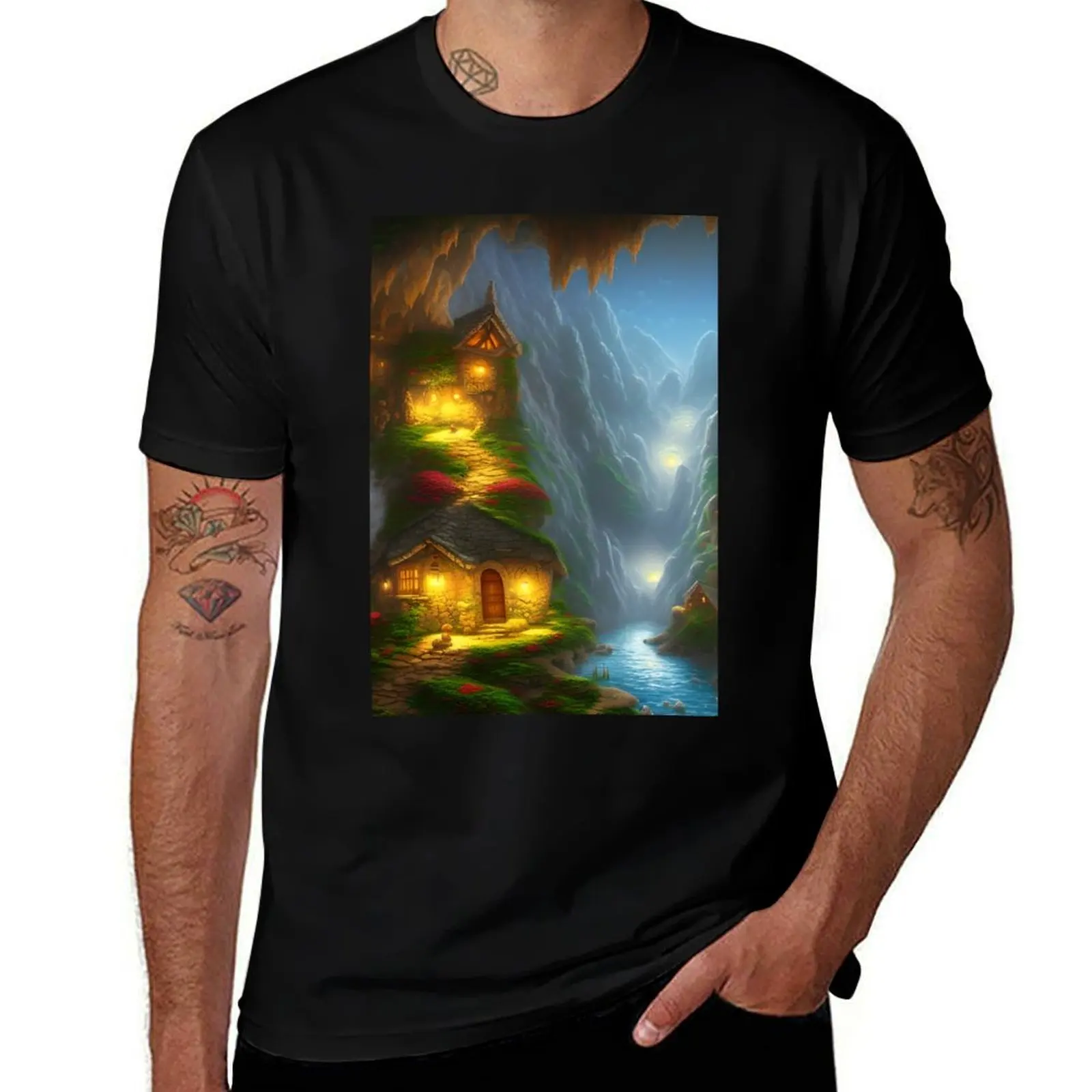 

Serene Fantasy - Mountain Houses T-Shirt new edition Clothing Aesthetic clothing mens fashion
