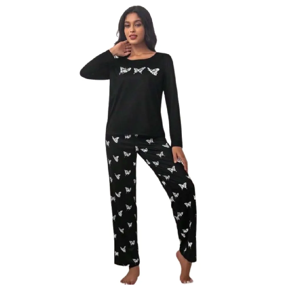 Butterfly print black crew neck long sleeve and pants casual and comfortable women\'s pajama set