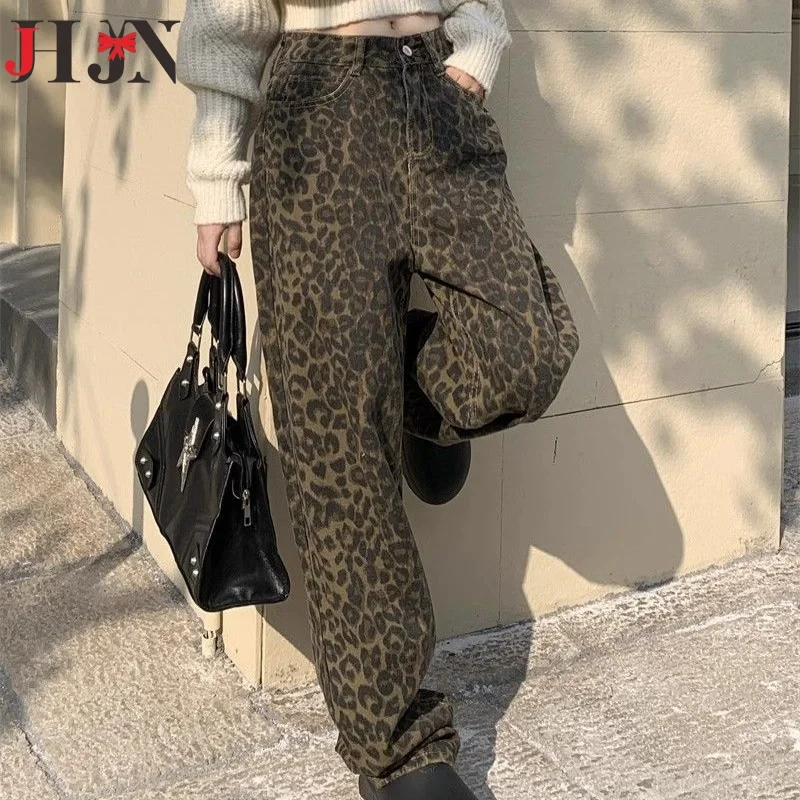 

JHJN повседневные мешковатые широкие джинсовые брюки с высокой талией, модная уличная одежда, прямые джинсы в стиле ретро, корейские женские джинсы с леопардовым принтом Y2k