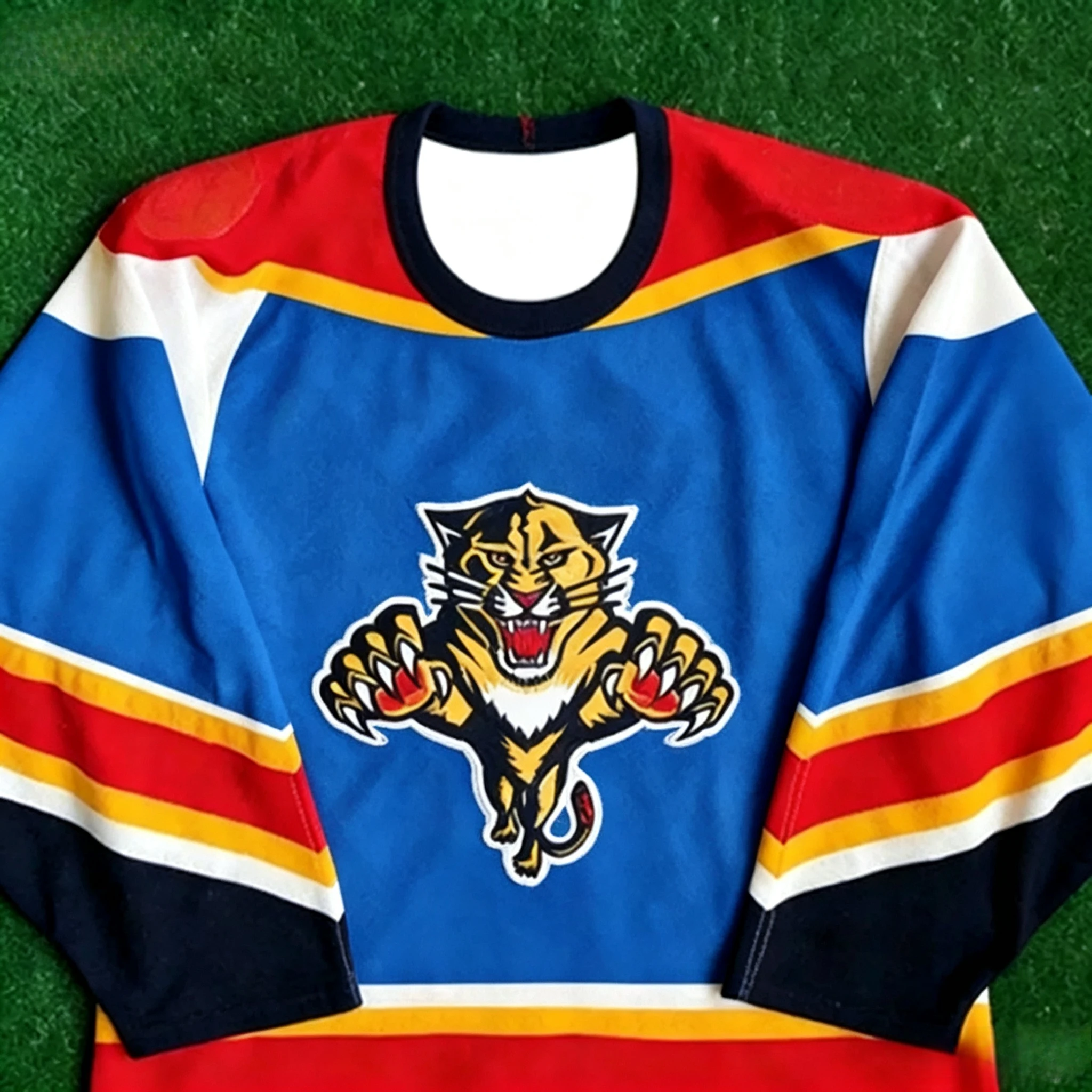 HOCKEY JERSEY - WHITE WITH RED/YELLOW/NAVY ACCENTS CLASSIC PANTHER LOGO VINTAGE STRIPED DESIGN ATHLETIC JERSEY 3D HD PRINTS