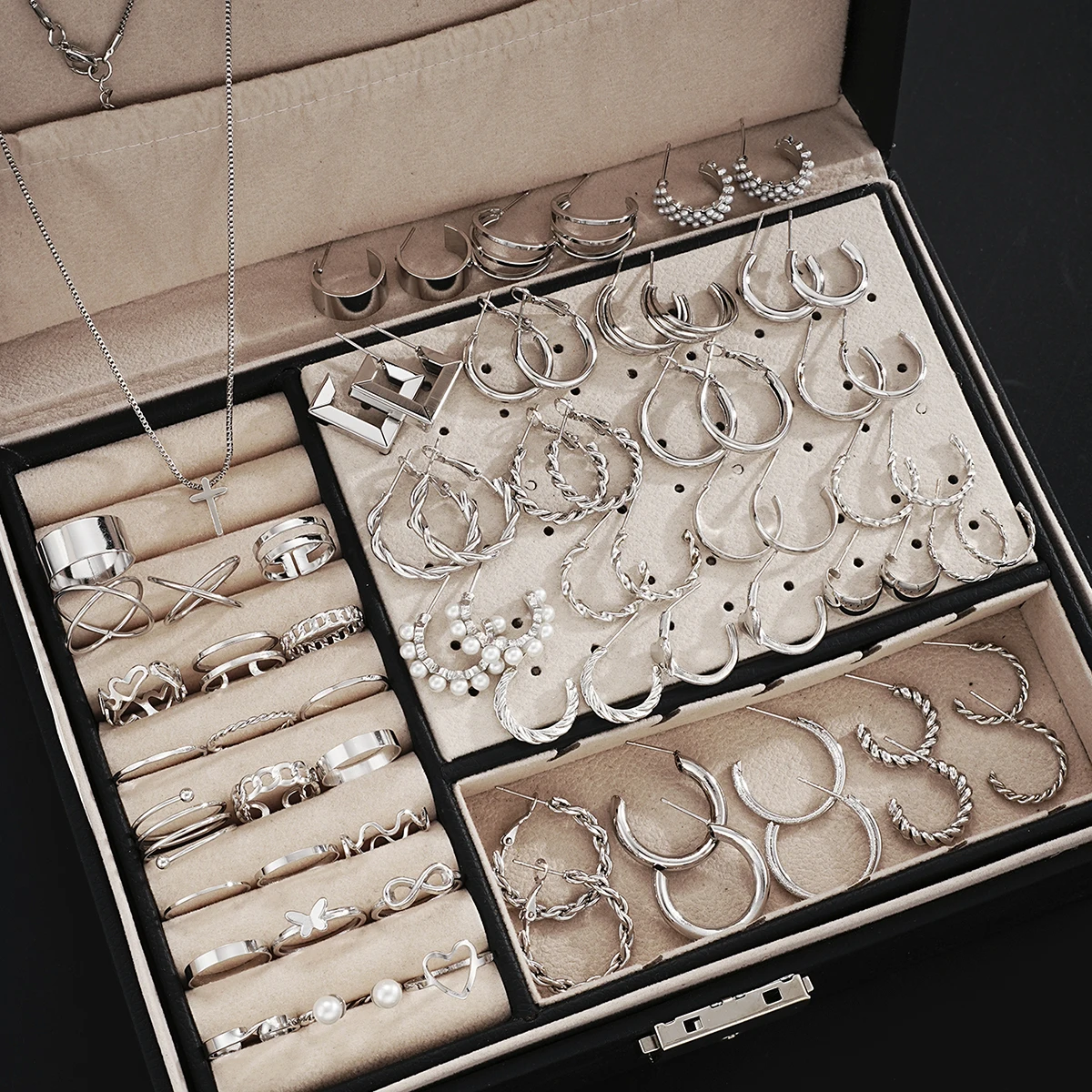 71pcs Simple Faux Pearls Cross Necklace Bracelet Ring Earring Jewelry Set for Women Daily Party Wear Holiday Dating Holiday Gift