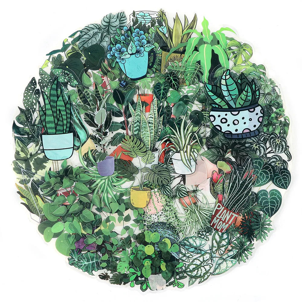 50PCS Adesivos de Plantas Verdes Bonsai em PET, Adesivos de Plantas em Vaso, Decalques de Desenhos Animados para Laptop, Telefone, Copo, Guitarra, Skateboard, Adesivos Impermeáveis