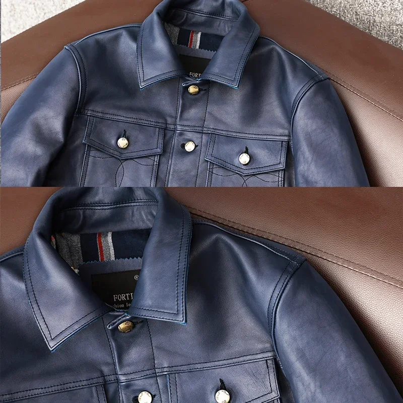 COPERSIAN Vintage Blue Men Leather Jacket Slim Fashion 100% Natural Cowhide Jackets Man Genuine Leather Coat Autumn Spring view 5