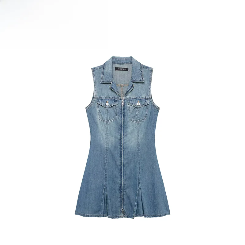 ZR Summer New Women's Fashion Pocket Decorated  Denim Dress Stylish Casual Sleeveless Skirt for Ladies Polyester Fiber
