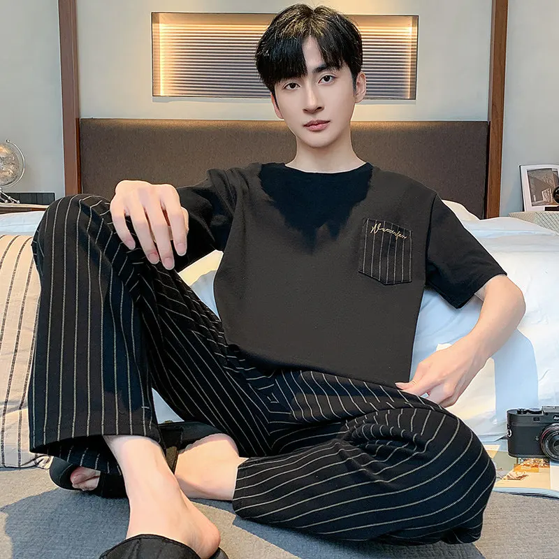 men's-summer-sleepwear-pure-cotton-thin-short-sleeve-long-pants-home-clothes-set-plus-size-comfortable-breathable-nightgown