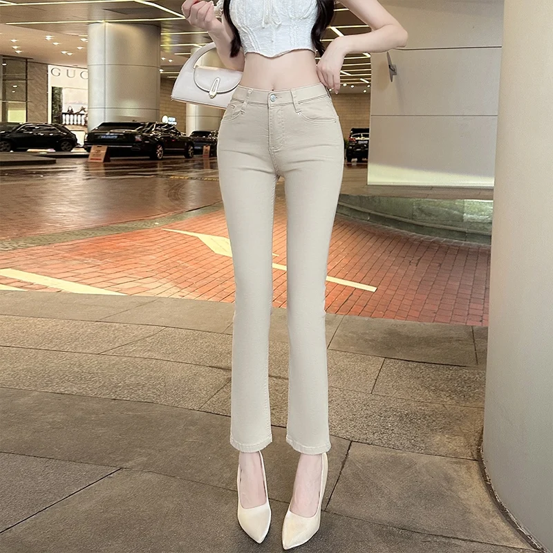 Elastic Straight Leg Jeans High Waist Nine-Piece Spring Summer Autumn Winter Simple Korean Women's plus Size Hip Enhancing