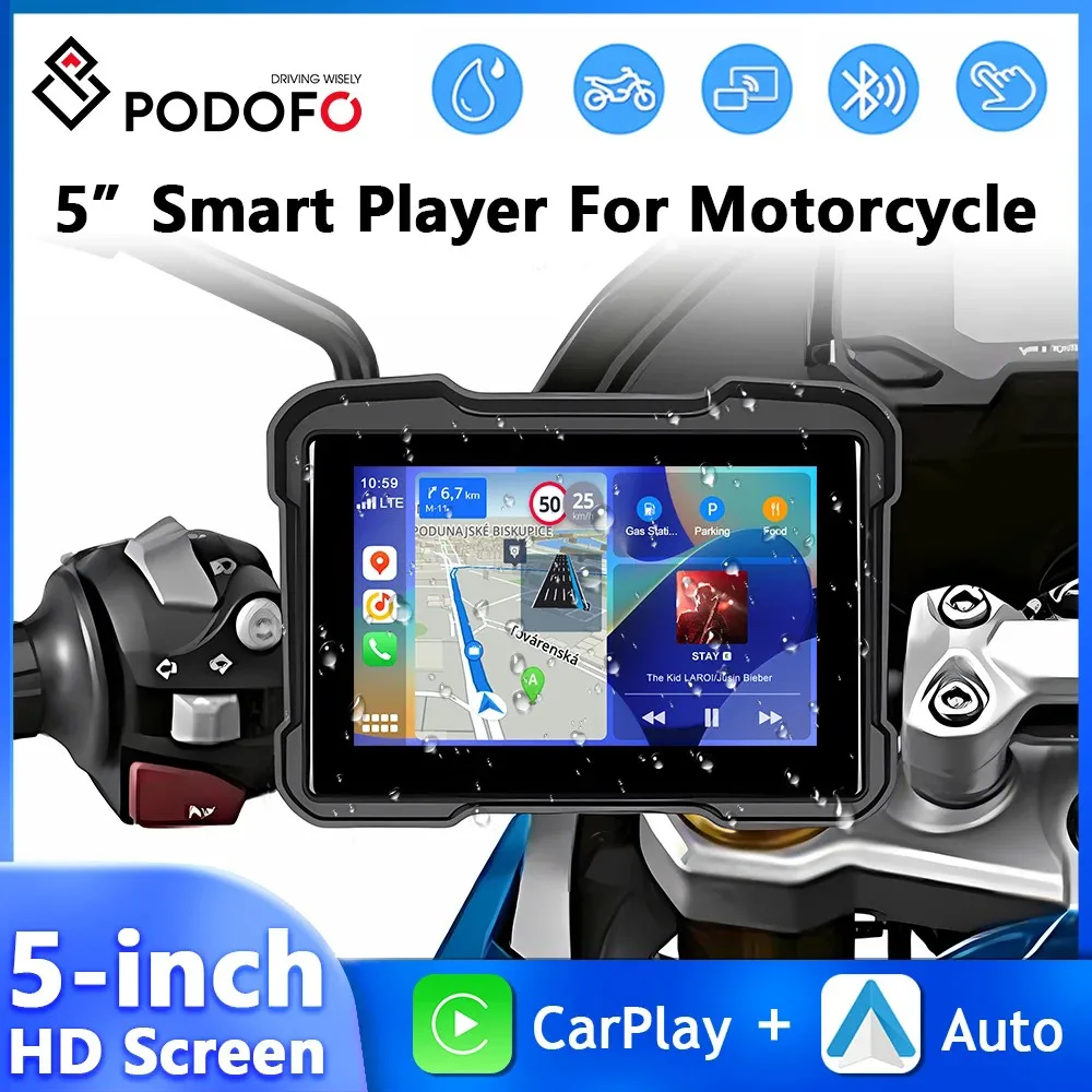 Podofo 5'' Motorcycle Navigation Carplay Android Auto Motorcycle Monitor IP67 Waterproof Bluetooth Portable Smart Screen Player