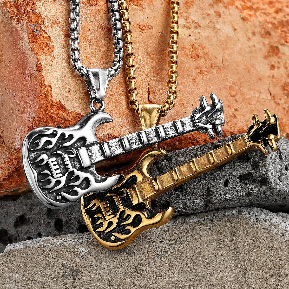 Rock Fire Guitar Stainless Steel Jewelry Men Trendy Necklace With Pendant For Male Women Punk HipHop Accessories Gifts Wholesale