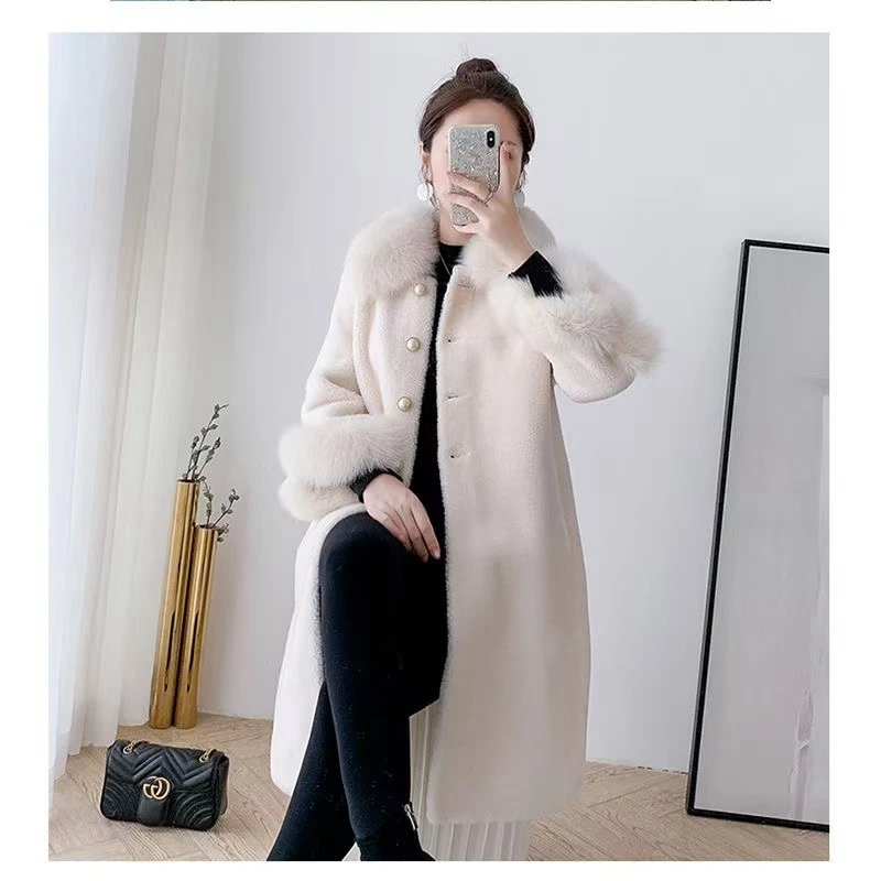 Autumn Winter New Imitation Sheep Shearing Fur Coat Women\'s Mid-length Imitation Fox Fur Collar Loose Granular Fur Imitation Fur