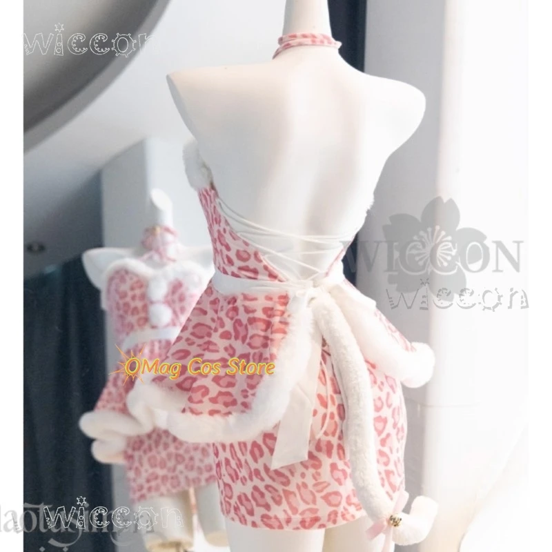 Disfraz Estampado de leopardo Oreja de gato Sexy Rosa Slim Fit Falda lápiz Pierna peluda Cola de gato sexy moniсп mgaй mujer