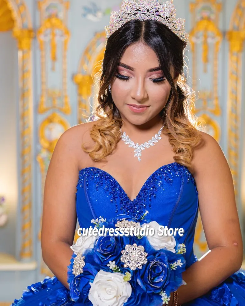 Gaun Quinceanera Biru Royal Elegan 2022 Pakaian Prom Ulang Tahun Gadis Meksiko Manik-manik Bunga Floral Vestidos De 15 Años