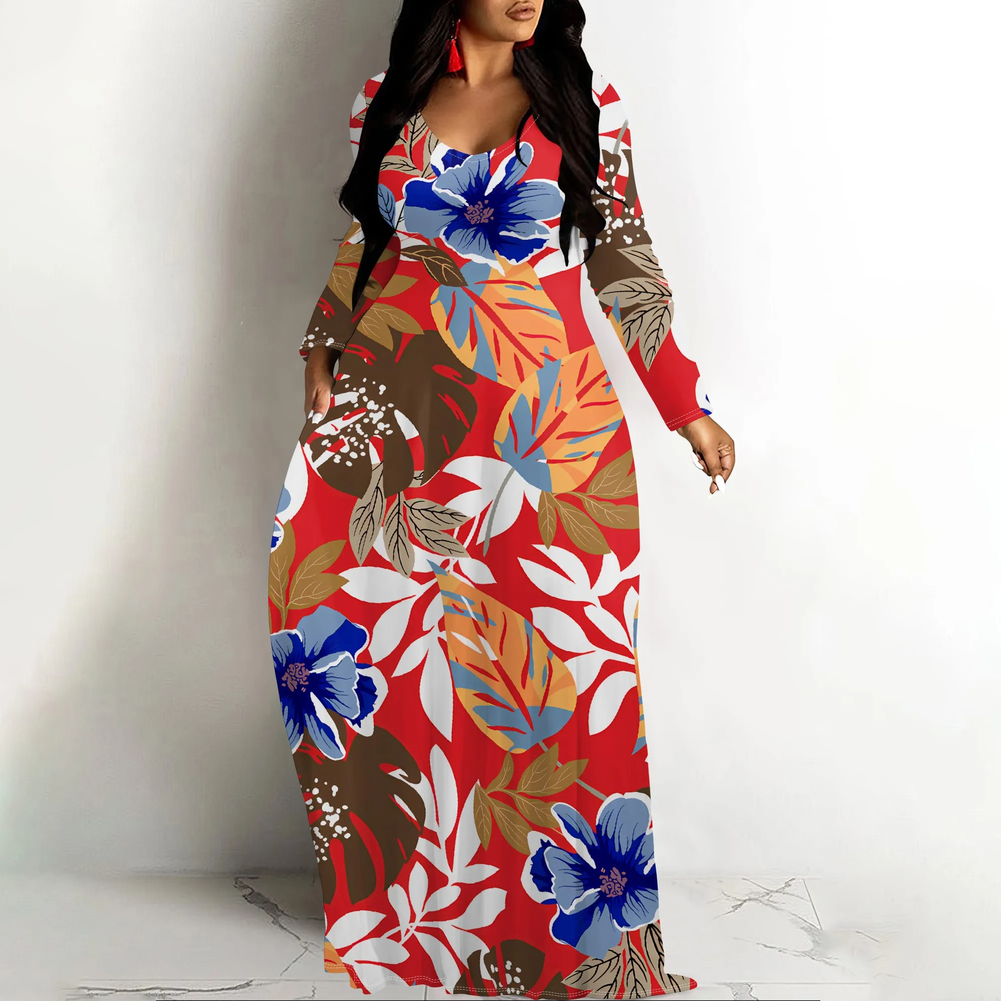 

Women's Mosaic Abstract Maxi Dress Long Sleeve Flowy Vibrant Party