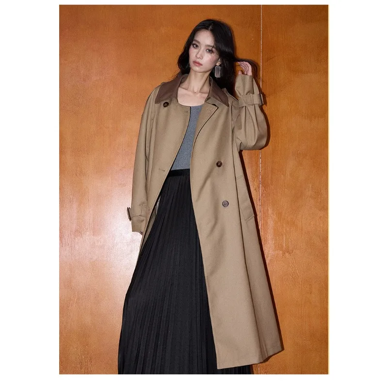 Otoño nuevo clásico moderno Retro estilo británico versátil franjas de diferente color de longitud media gabardina suelta mujeres de moda y único