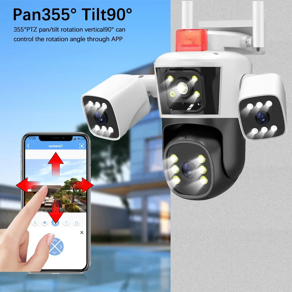 Outdoor Video Surveillance CCTV Cam, 6K, 12MP, WiFi, 3 Lens, Três Tela, Vista Panorâmica, PTZ, CCTV, Impermeável, Auto Tracking