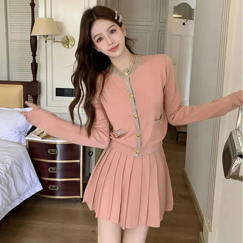 Women Spring Autumn Sweet Knit Matching Sets Japan Korean Preppy Style Thin Sweater Cardigan Mini Skirts Outfits Coat Skirt Suit