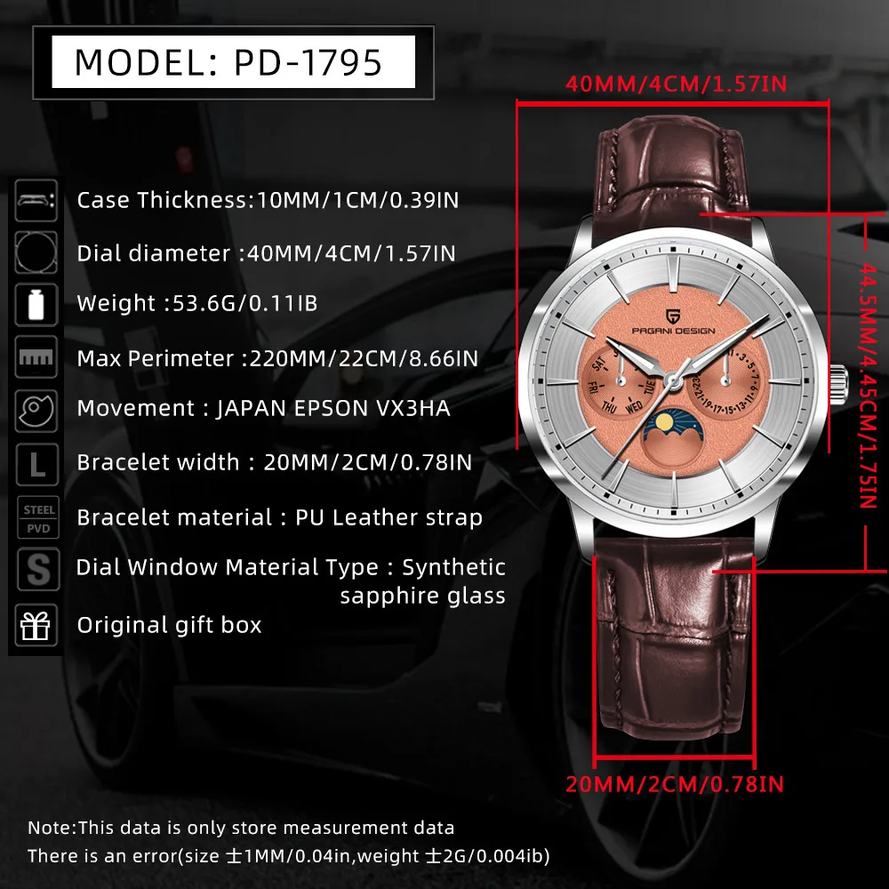 Pagani Design New Men's Watch Moon Phase Week Stainless Steel 100m Waterproof Men's Quartz Watch