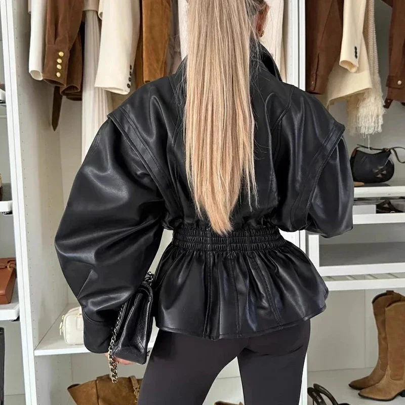 Cardigan con lacci con risvolto alla moda High Street Cappotto casual solido Capispalla Autunno Inverno PU Giacche in similpelle per le donne