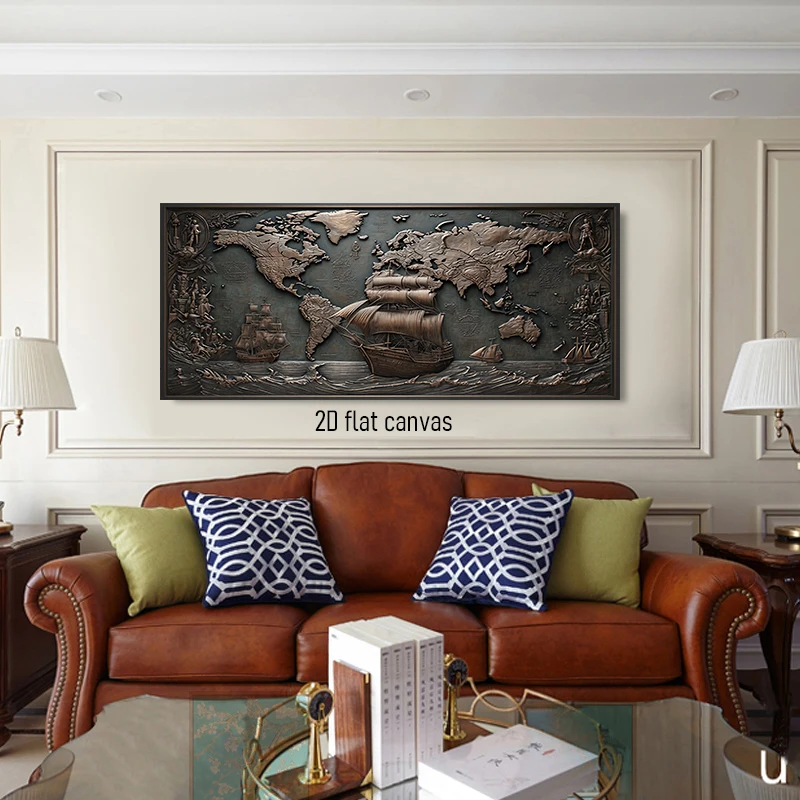 1 قطعة نحت البرونزية الرجعية خريطة العالم اللوحة الزخرفية ثلاثية الأبعاد الإغاثة الملاحة موضوع قماش اللوحة غرفة المعيشة دراسة مدخل Wa #3