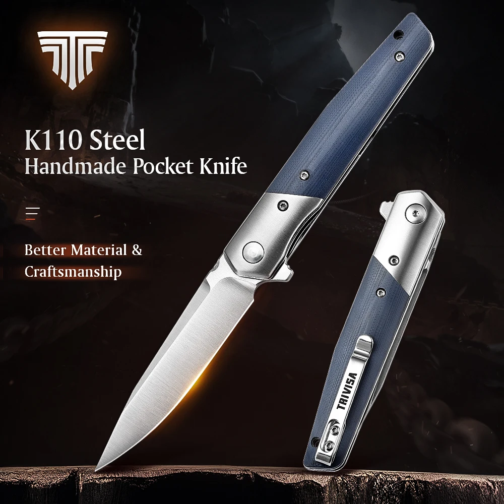

Складной карманный нож TRIVISA, Ручка G10 С флиппером, лезвие 1/4 "BOHLER K110, ножи для кемпинга с зажимом, повседневный инструмент для улицы для мужчин