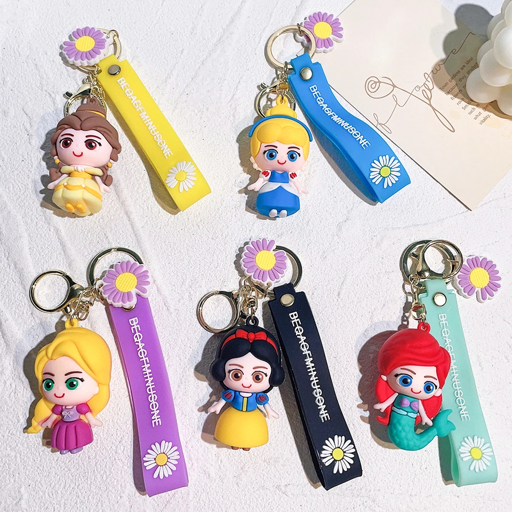 Disney Anime Ariel Princess Snow White Keychiain Girls Toys Cartoon Cinderella Belle Pendant Keychain Children Birthday Gifts