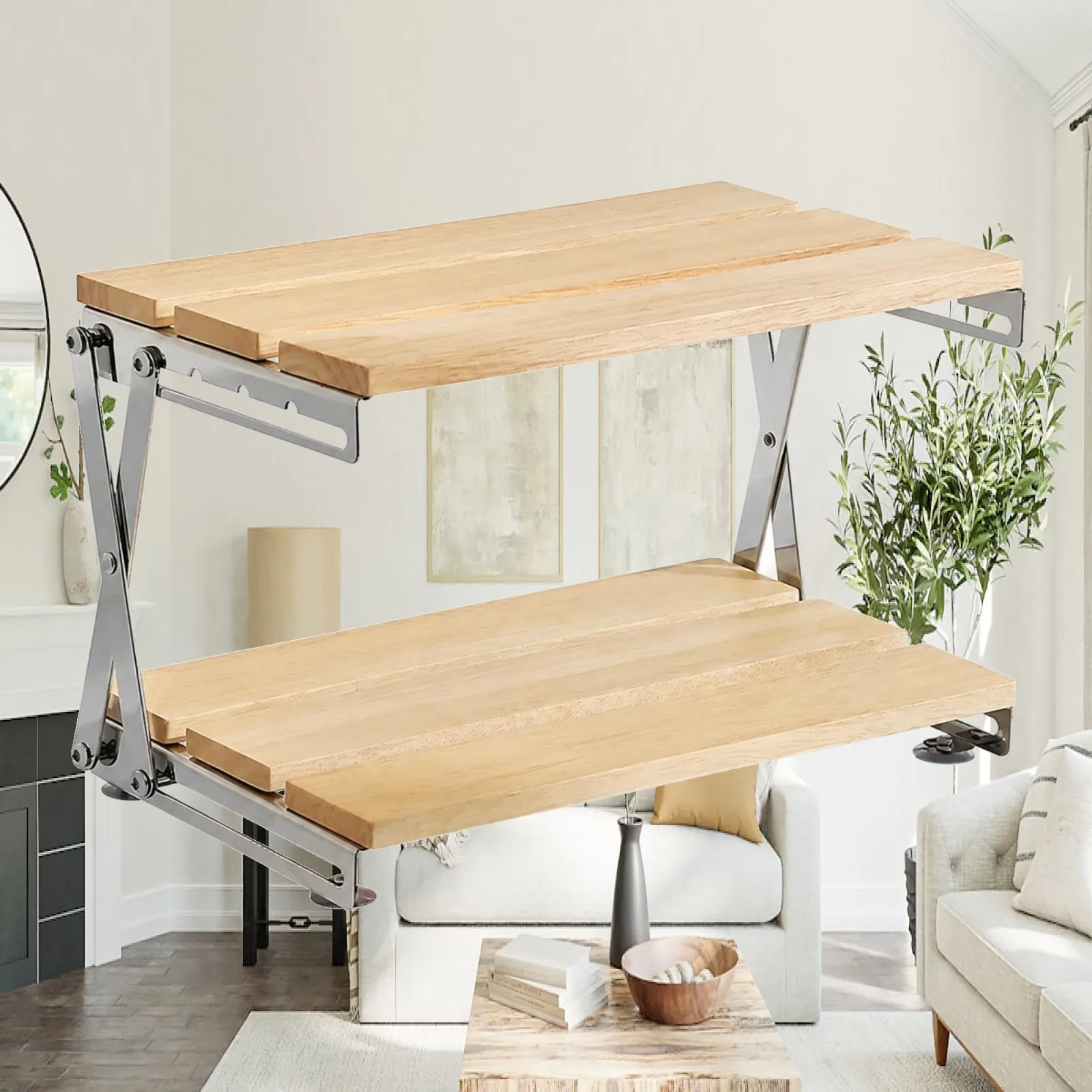 Two-Tier Countertop Storage Rack Compact Two-Level Tabletop Storage Shelf Wire Frame Shelf with Wooden Board Multi-Functional