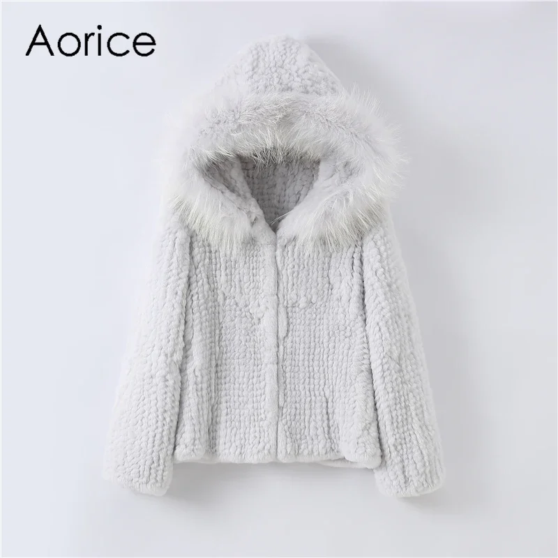 

Aorice Women Real Rabbit Fur Coat Jacket New Female Knitted Casual Raccoon Hood Coats Jackets Parka CT124