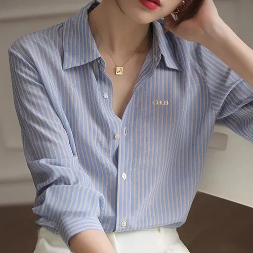 Imagen 2 del producto Camisa de manga larga para mujer, nueva camisa clásica Popular de alta calidad para mujer, Tops Vintage elegantes a rayas versátiles para oficina para mujer