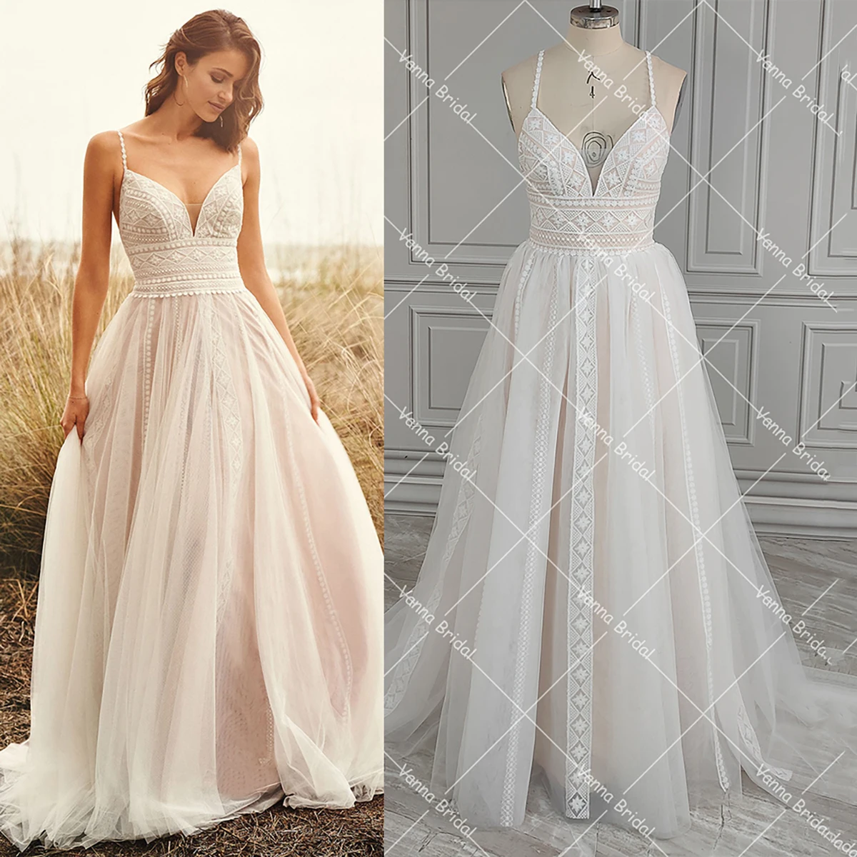 Wahre Fotos Boho Spaghettiträger Hochzeitskleid Geometrische Spitze Rückenfreier Tüll Maßgeschneidertes Mesh V-Ausschnitt Pastrol Ranch Brautkleid