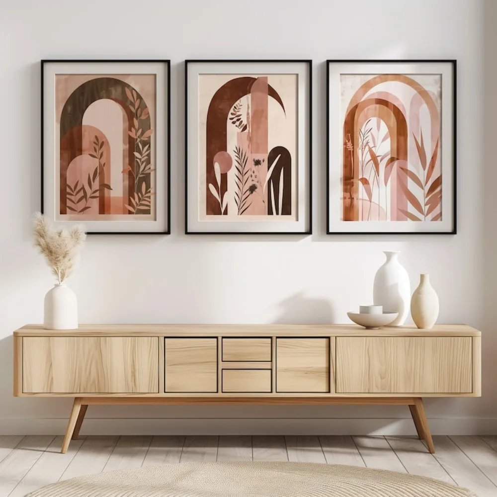 Frameless Earth Tone Arch Wall,Bohemian Chic Printmaking Living Room,Warm Natural Decor,Warm and Comfortable Floral Room Decor