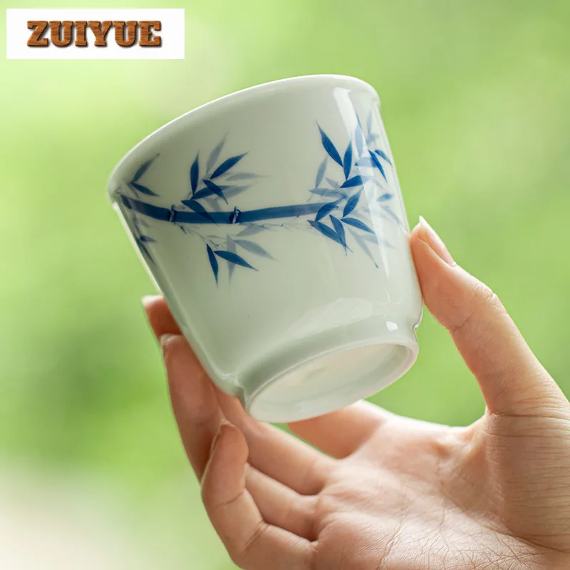 

200ml Hand Drawn Bamboo Blue And White Jianshui Small Tea Cup Wash Writing-brush Washer Tea Residue Bucket Mini Chaxi Supplies