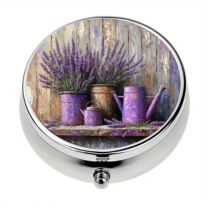 Single pack, wallet-style pill box, with 3 compartments, purple lavender flower mini decorative wallet pill box, portable size decorative pill box, unique gift compact pill box