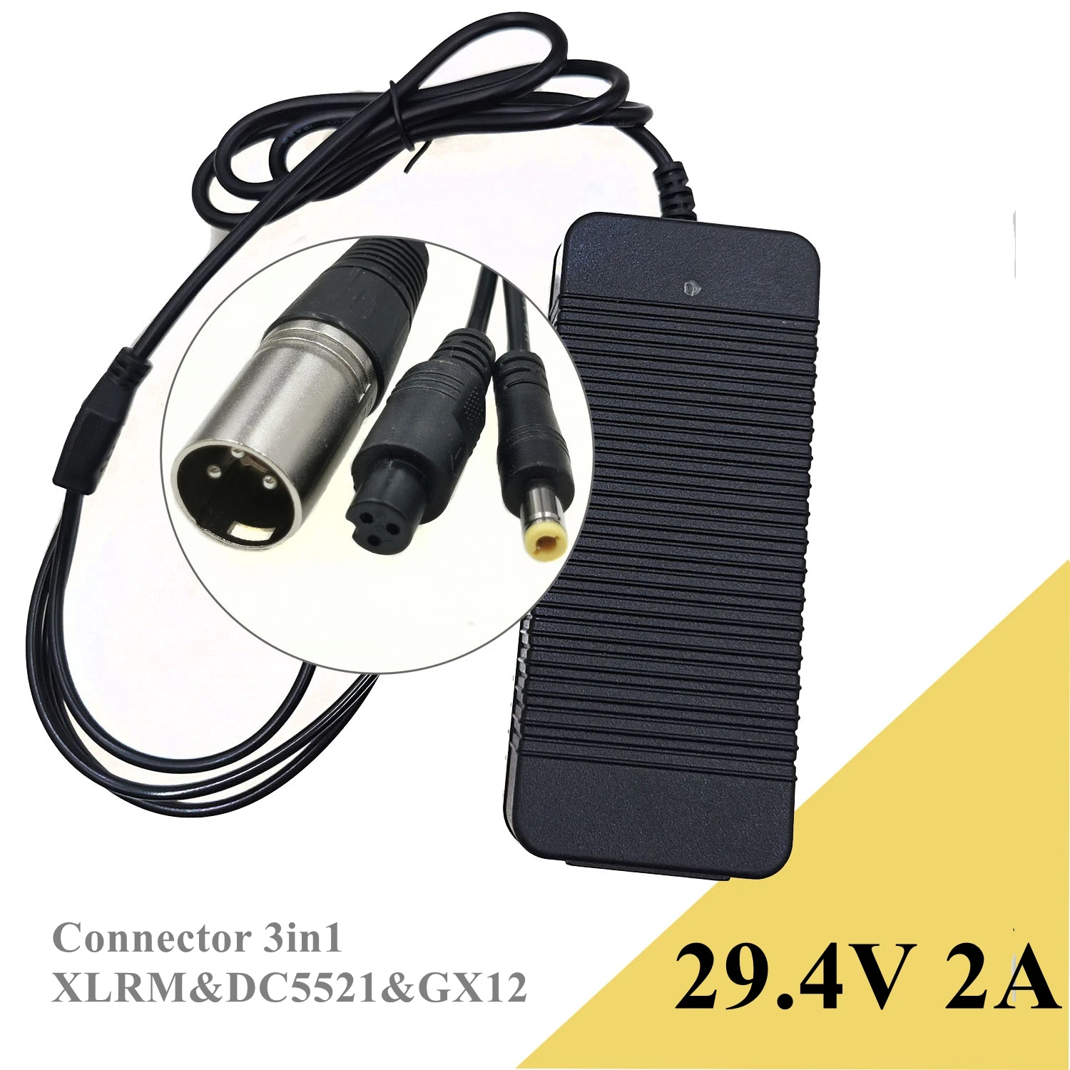 

29.4v 2A charger for 24v 25.2V 7S 18650 Li-ion battery with 3 in1 DC5521&GX12 3Pin & XLRM connector