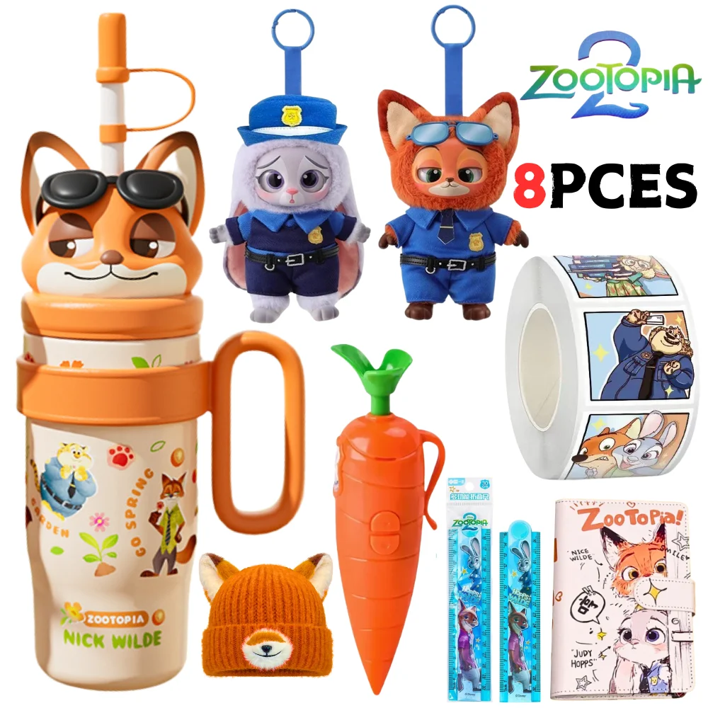 

HOT 2026 Disney Zootopia2 8PCES Cartoon Nick Judy Carrot Pen Plush Toy Notebook Ruler Sticker Woolen Cap Water Cup For Kids Gift