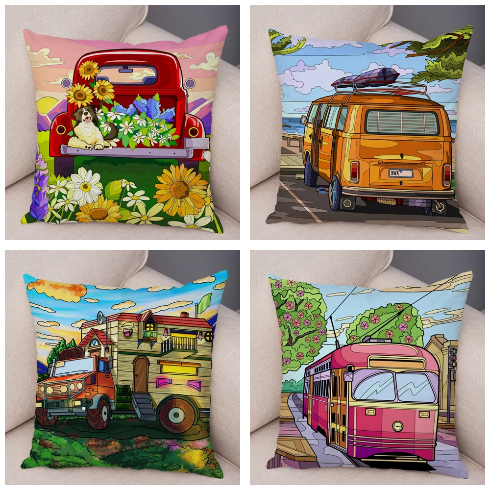 Pillowcase Happy Camper Cartoon House Travel Car Cushion Cover Sofa Home Super Soft