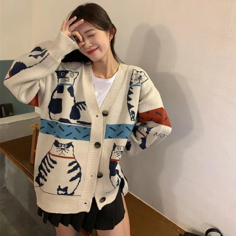 Women\'s Sweater Clothing Fashion Cartoon Cat Animal Cardigan Woman Oversized Tops Korean Knit Long sleeve Sweaters Coat Femme