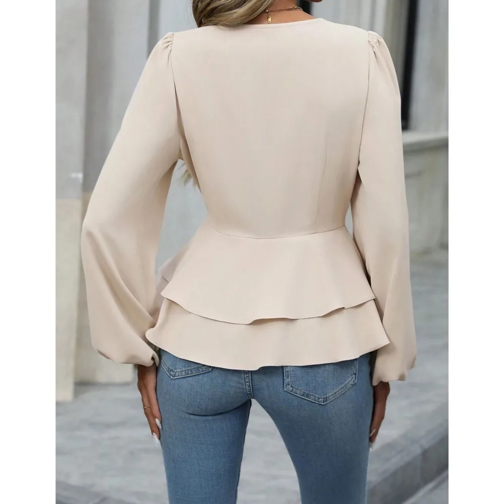 Outono nova cor sólida profundo decote em v manga comprida camisa feminina moda botão cruz camisa elegante senhoras versátil escritório topos 2025