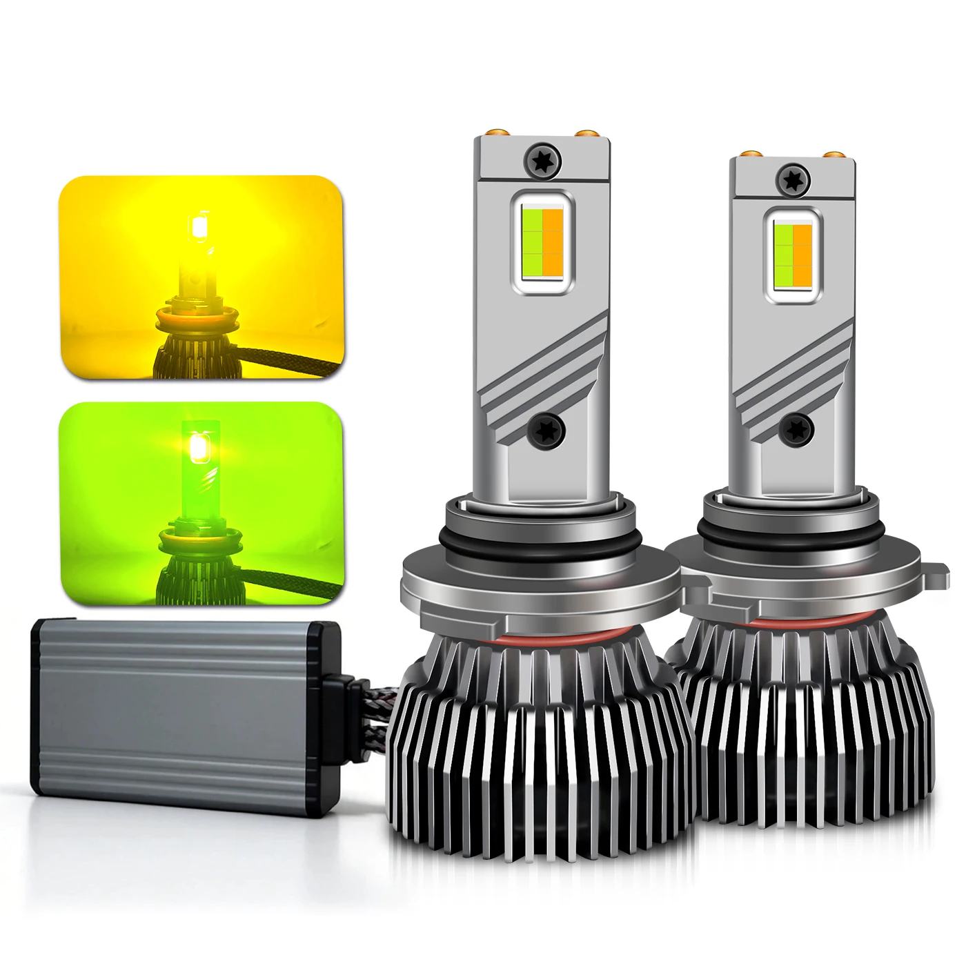 9006 HB4 CANBUS LED Headlight Fog Bulb,30000LM High‑Power Switchable Dual‑Color Yellow&Green Light,Dual Copper‑Tube Cooling Fan