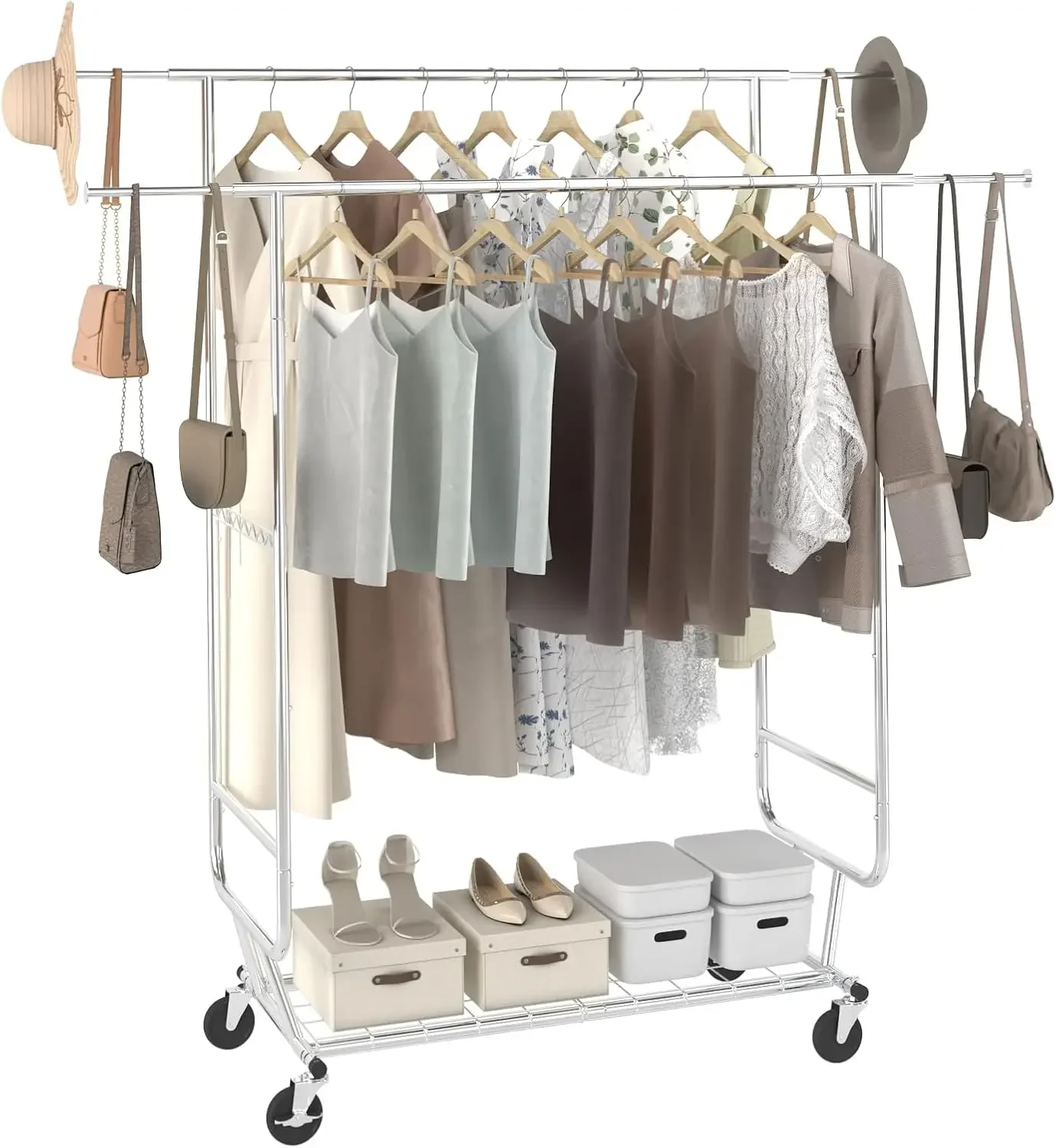

Heavy Duty Clothes Rack, Double Hanging Rod Clothing Garment Rack for Hanging Clothes, Adjustable Height and Extendable Length