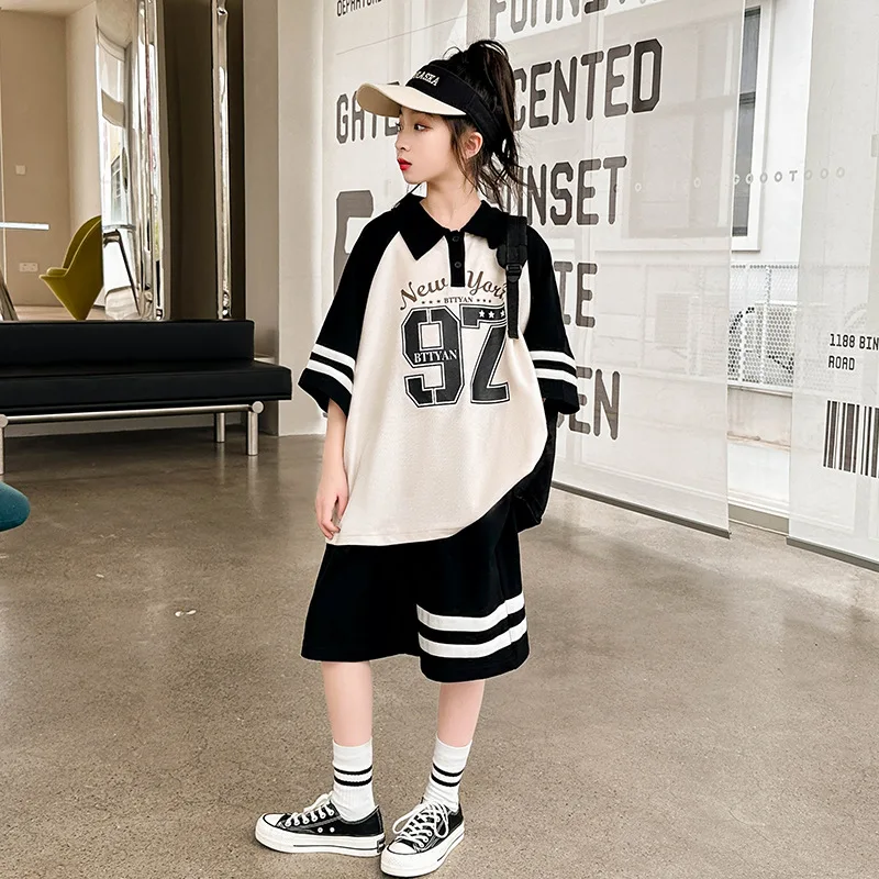 2026 Summer Casual Girls Cotton Contrast Striped Preppy T-Shirt Tops+Short Pant Sets School Kids Tracksuit Child 2PCS Outfit
