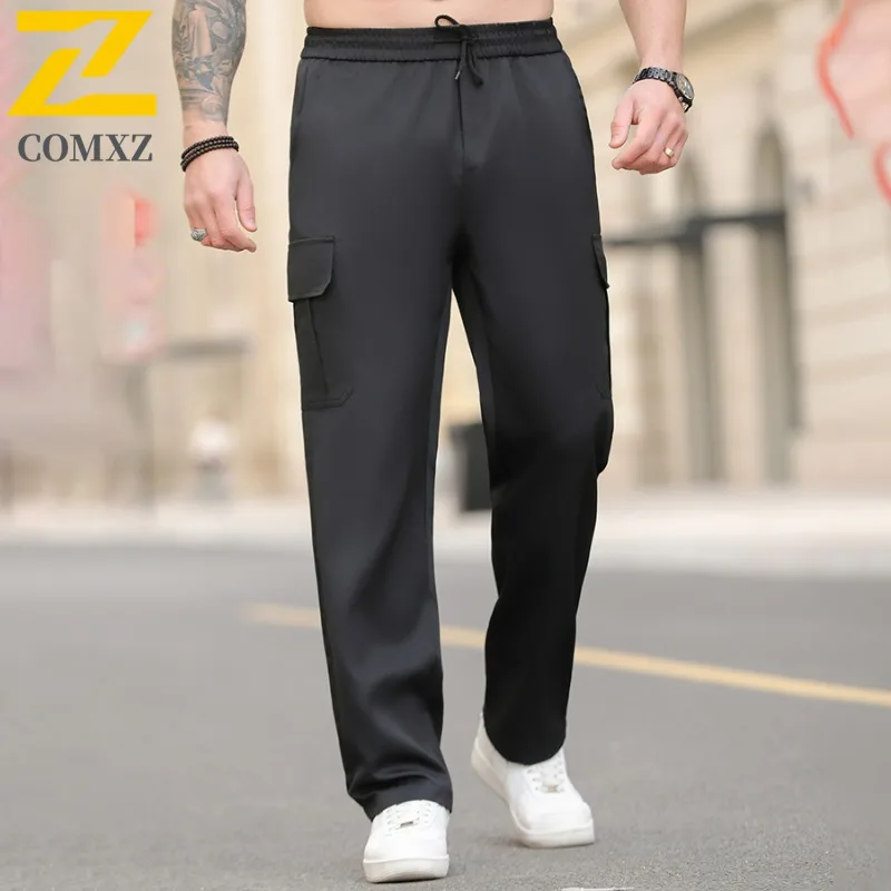 COMXZ Urban Fashion Pants Men Spring Autumn Casual Loose Large Pocket Cargo Pants Hiking Hunting Fishing Ice Silk Trousers Man
