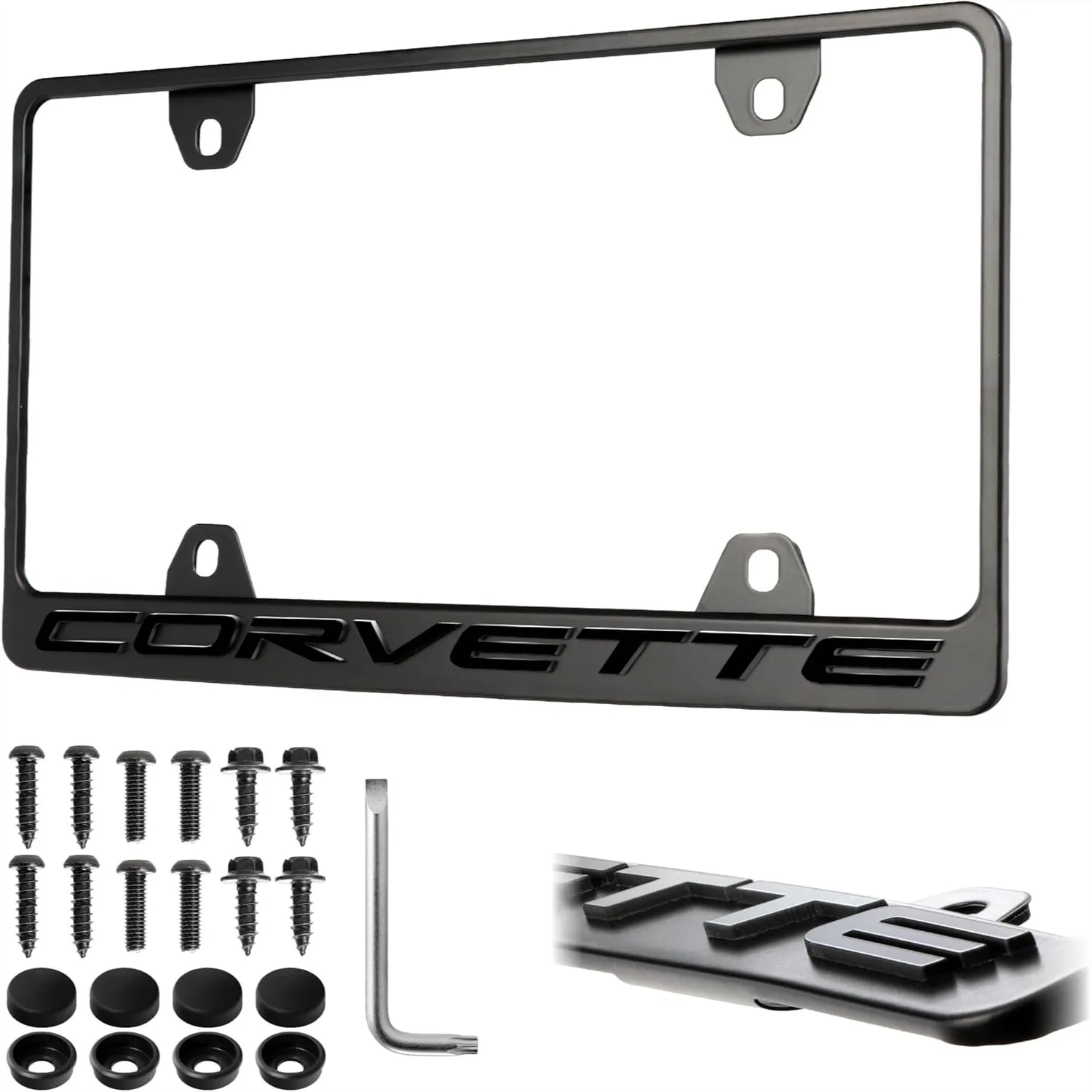

Matte Black License Plate Frame - UV Resistant Rust-Proof Steel with 3D Raised Letters, Compatible with C5 C6 C7 C8
