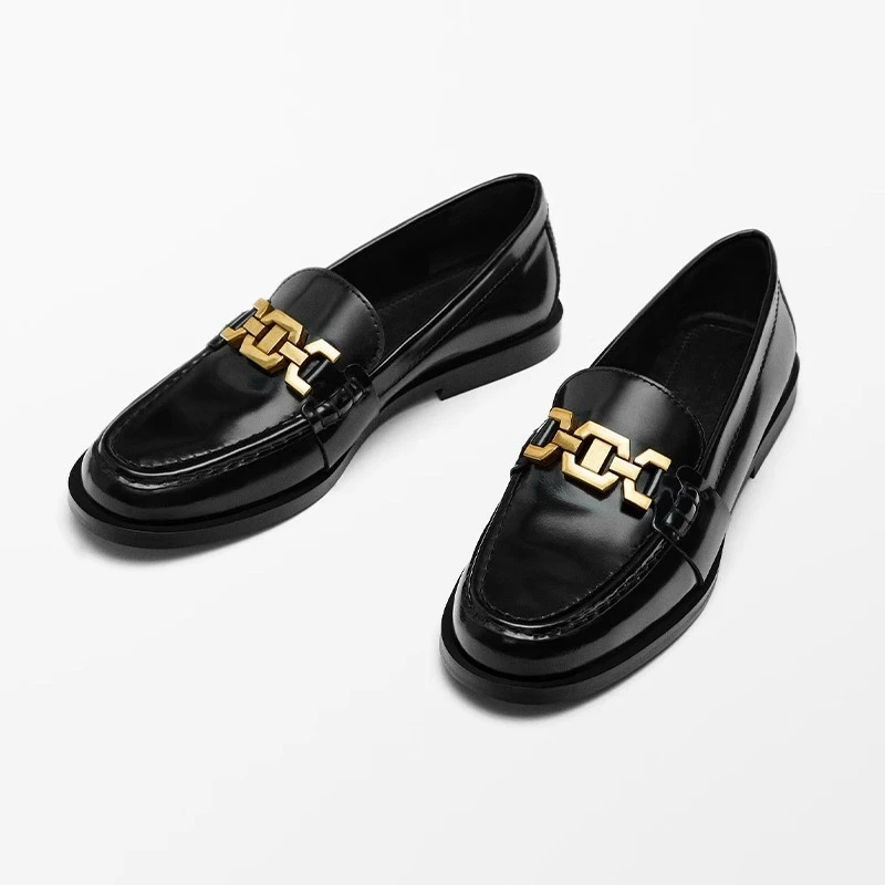 

Withered Minimalist Women's Shoes Black Genuine Leather Flat Bottom Fashion Shoes Chain Decoration Flat Loafers Woman Shoes 2026