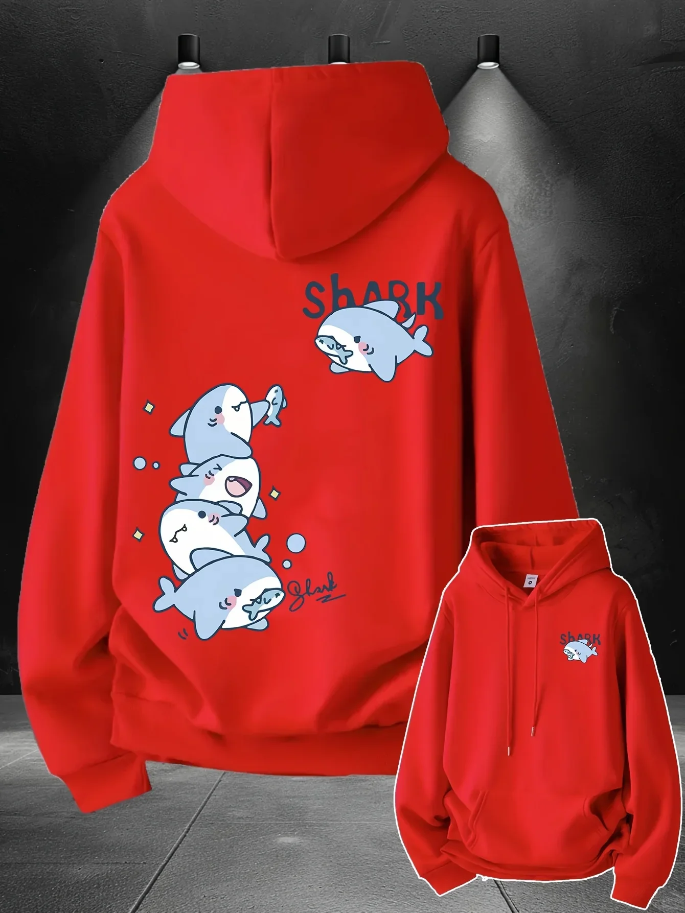 Unisex Hai-Hoodie mit niedlichem Cartoon-Hai-Druck auf der Rückseite, Oversized Pullover Sweatshirt, koreanische Y2K Streetwear – Detail 4