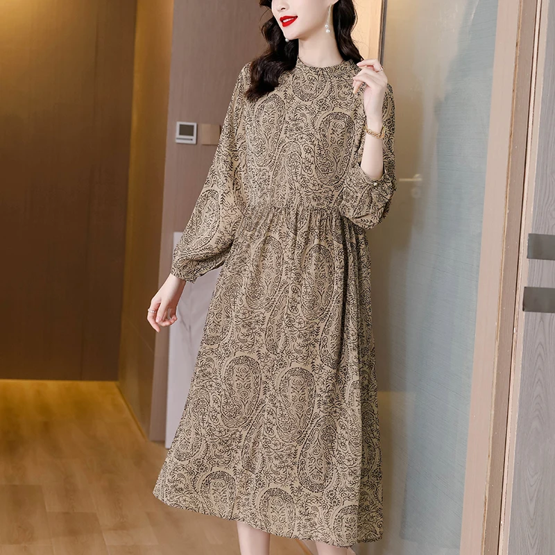 2024 New Black Print Chiffon Light Midi Dress Spring Summer Boho Elegant Loose Waist Dress Women Korean Fashion Casual Sundress