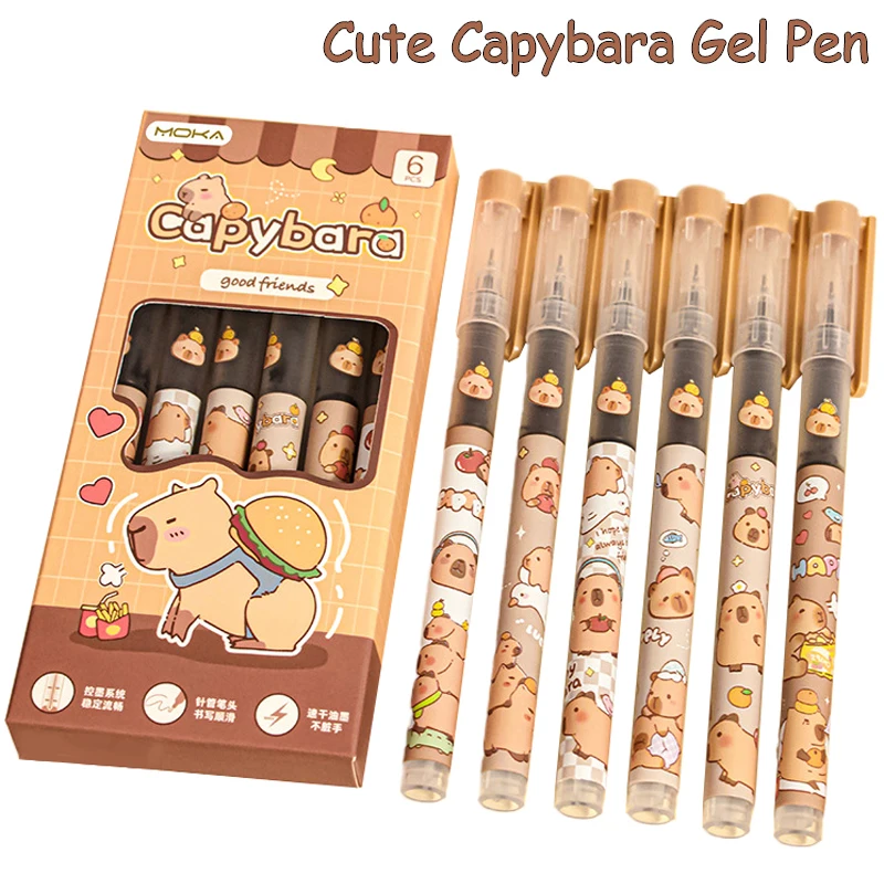 Capybara-Stylos gel d'écriture à encre noire lisse, accessoires de bureau, école, étudiant, enseignant, cadeau, esthétique, papeterie, 6 pièces