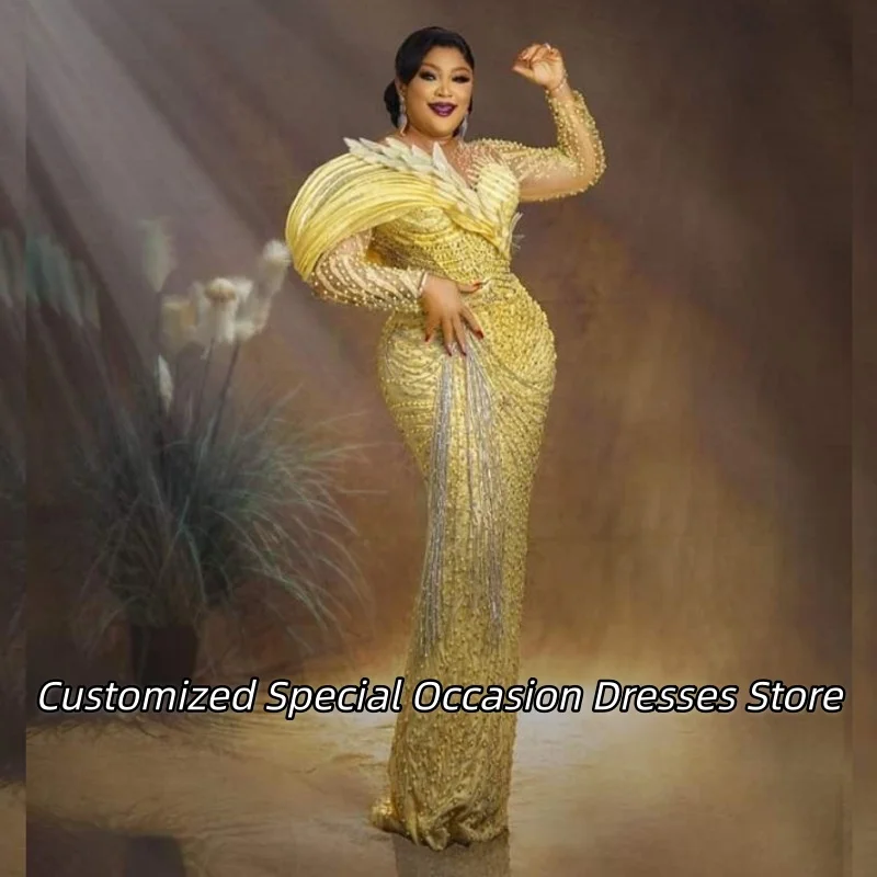 

Light Yellow Beaded Evening Dresses For Women Exquisite Pleats Wedding Party Dress African Long Mermaid Prom Gowns Customized